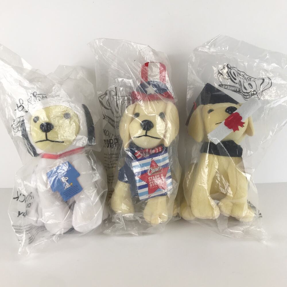 NEW Raising Cane's Plush Puppy Lot of 3 Snoopy & Woodstock Grad Stars & Stripes